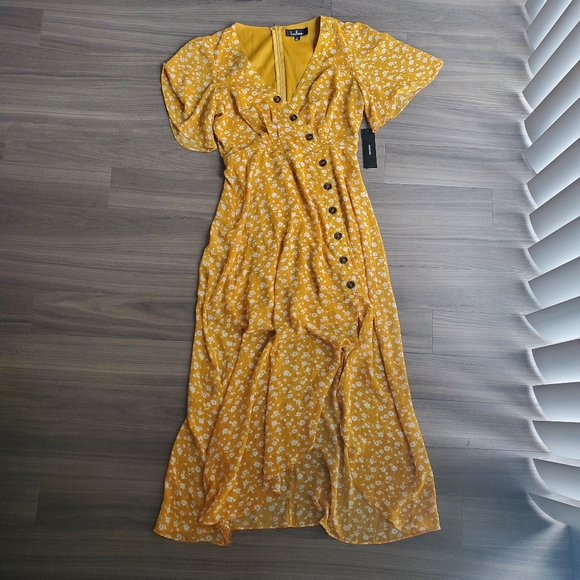 Lulu's Yellow Flowy Floral Midi Dress with Slit - Picture 5 of 13